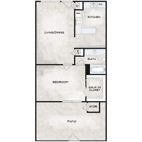 Floor plan for 1 bed, 1 bath, 700 sqft